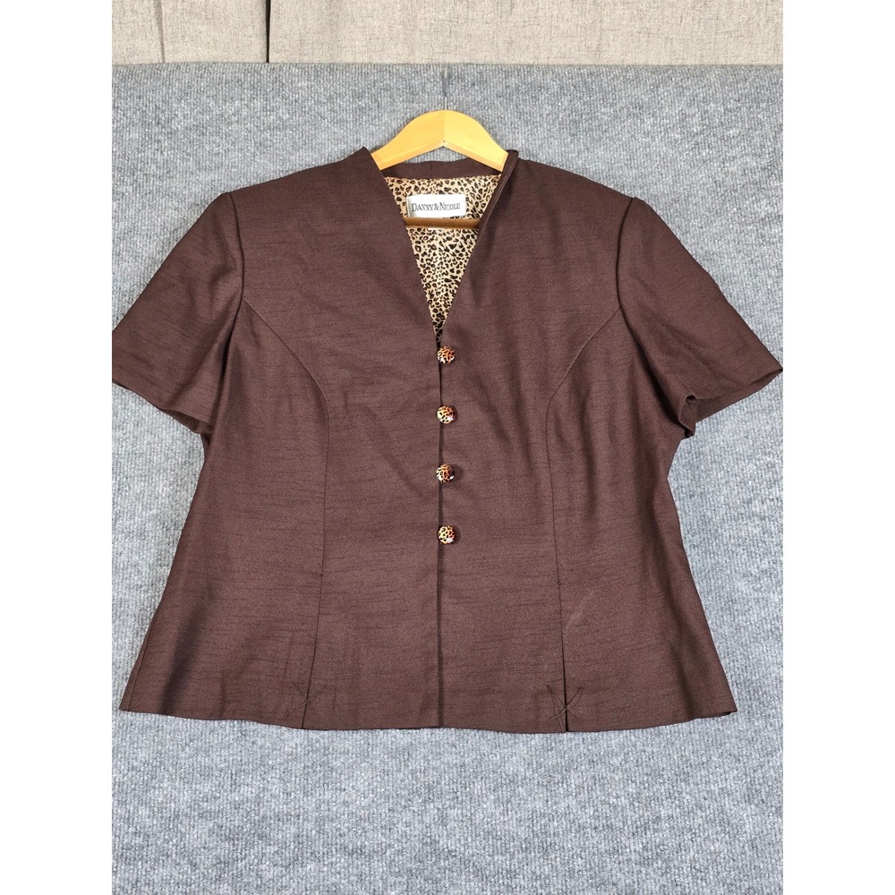 DANNY & NICOLE Women's Brown Short Sleeve Jacket Blazer Peplum Leopard Lined 14P